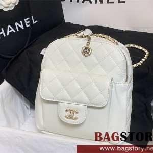샤넬 CHANEL 캐비어 미니 백팩 화이트 금장 AS0004