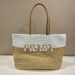 프라다 PRADA  라피아 앤 레더 토트백 탄 화이트 1BG442