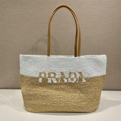 프라다 PRADA  라피아 앤 레더 토트백 탄 화이트 1BG442