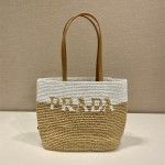 프라다 PRADA 라피아 앤 레더 토트백 탄 화이트  1BG454