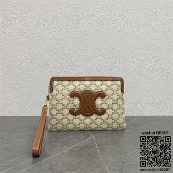 셀린느 CELINE  트리옹프 프린트 텍스타일  카프스킨 화이트 스몰 스트랩 파우치  100502