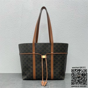 셀린느 CELINE 트리옹프 캔버스  카프스킨 탠 드로우스트링 카바스 쇼핑백 113722