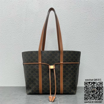 셀린느 CELINE 트리옹프 캔버스  카프스킨 탠 드로우스트링 카바스 쇼핑백 113722