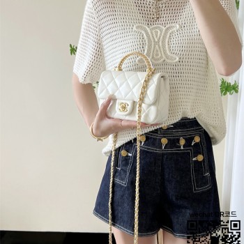 샤넬 CHANEL 뉴미니 탑핸들 램스킨 금장 플랩백