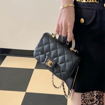 샤넬 CHANEL 뉴미니 탑핸들 램스킨 금장 플랩백