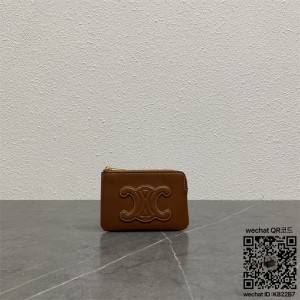 셀린느 CELINE 퀴르 트리옹프 동전 & 카드 파우치 - 부드러운 카프스킨 탠 100663