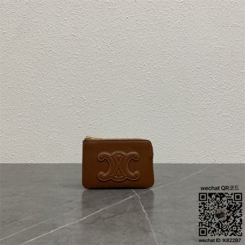 셀린느 CELINE 퀴르 트리옹프 동전 & 카드 파우치 - 부드러운 카프스킨 탠 100663