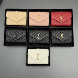생로랑 YSL 모노그램 골드톤 로고 엔벨롭 퀼트 레더 폴드 카드홀더 651026