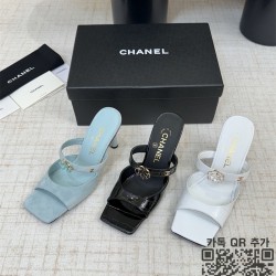샤넬 까멜리아 CC로고 뮬 샌들 힐 화이트 여성 슬리퍼